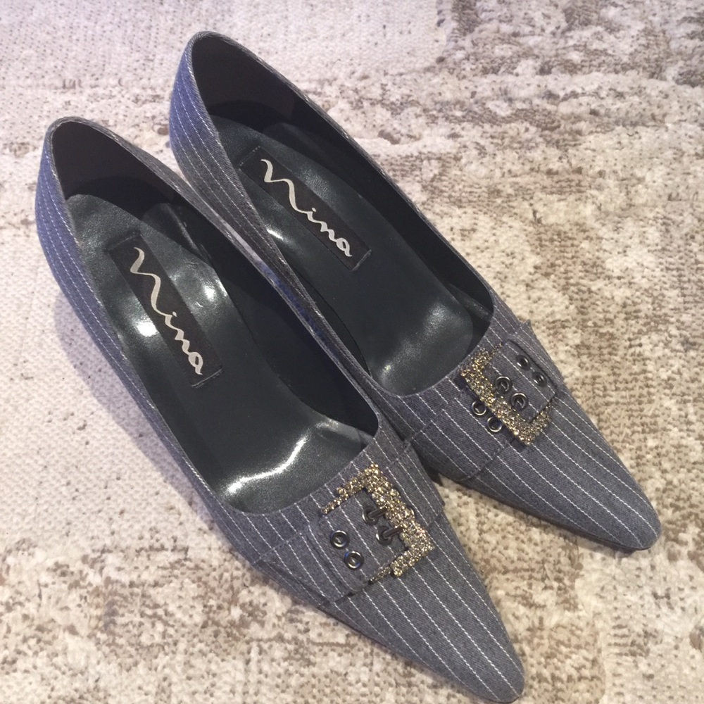 Striped denim fabric heels crystals buckle